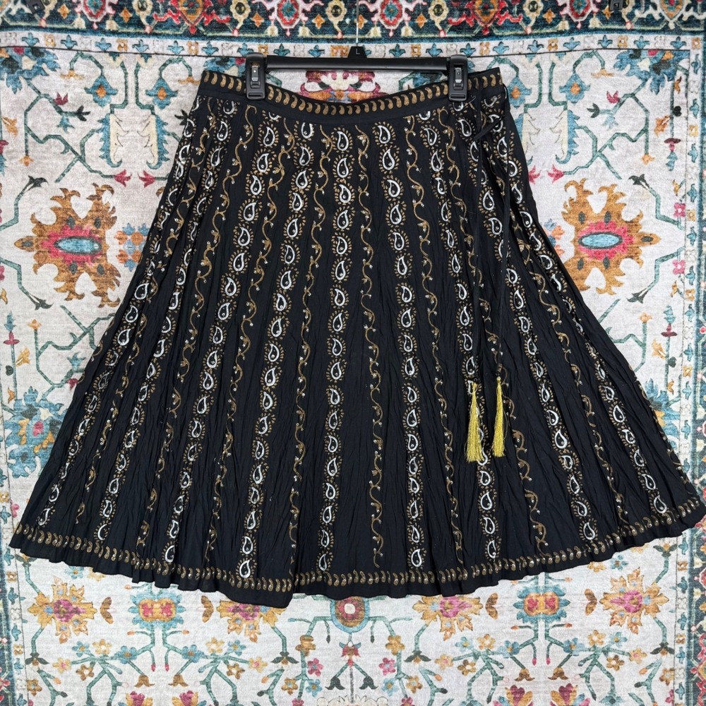 Peppermint Bay Womens Medium Black Paisley Sequin Crinkled Cotton Midi Skirt NWT